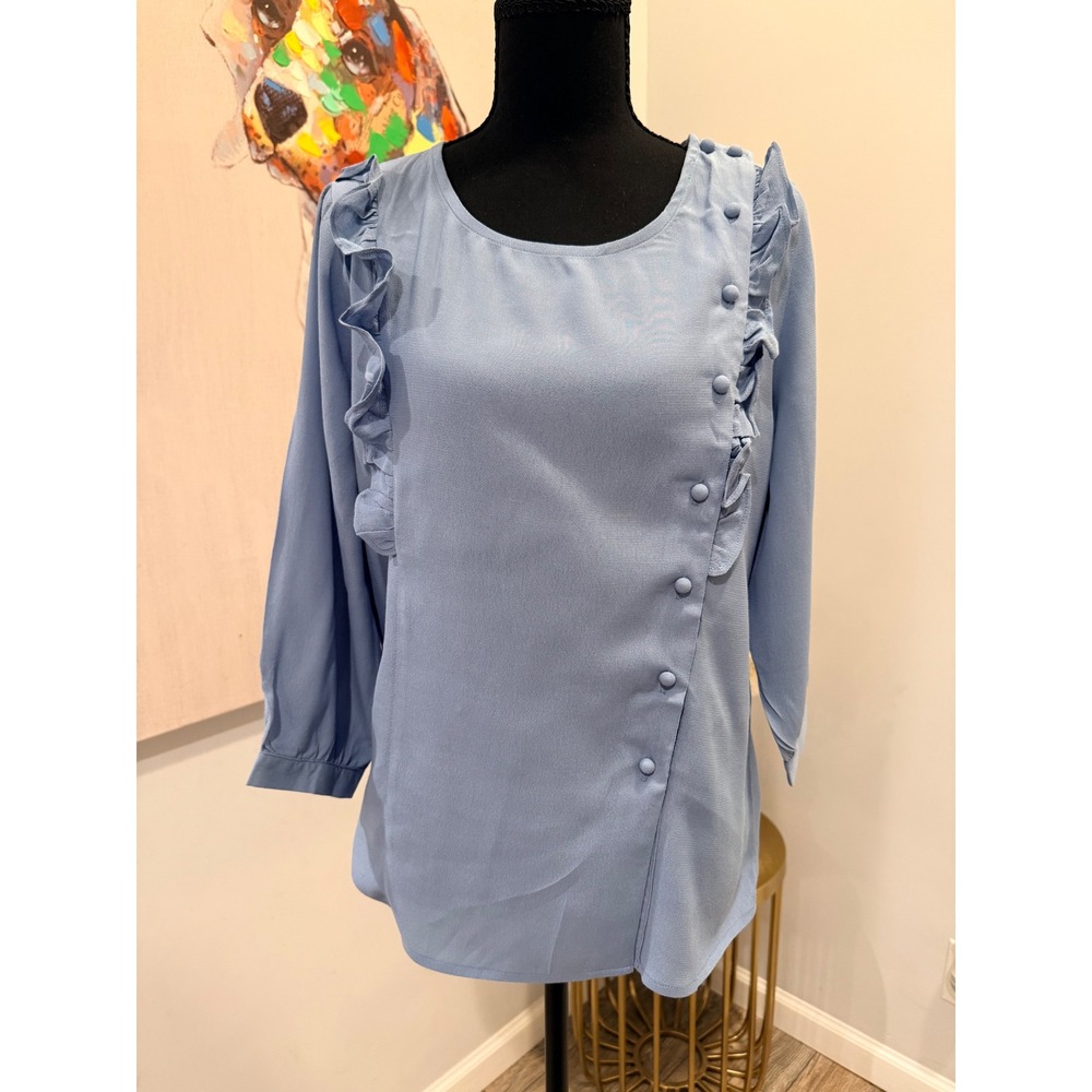 Tulip B Light Blue Ruffle Trim Asymmetrical Button Front Blouse Size M NWT